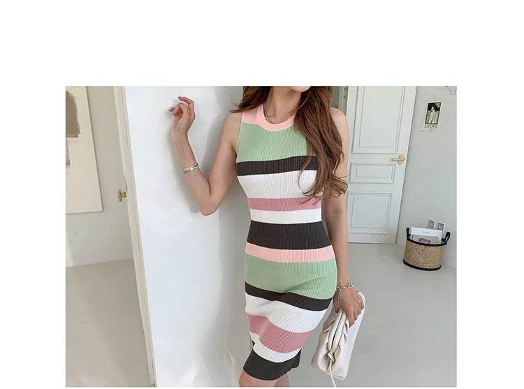 H Han Queen Elegant Occupation Sleeveless Knitted Dress Women Autumn Stretch Striped Bodycon Dresses Wear To Work Pencil Vestido - AIAZ