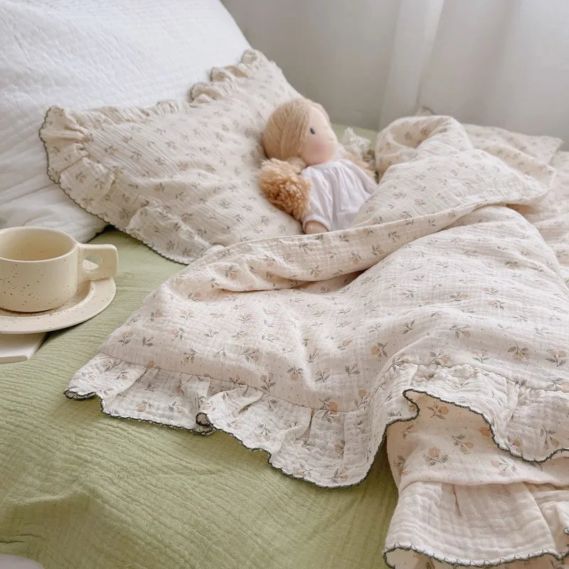 Korean Vintage Floral Printed Ruffled Cotton Baby Duvet Cover Kids Children Infant Cot Crib Duvet Covers Quilt Cover Bedding