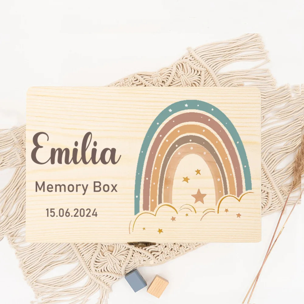Personalized Keepsake Box Custom Name Memory Boxes Animal rainbow Print Wood Kid Memories Case Custom Child Birthday Shower Gift