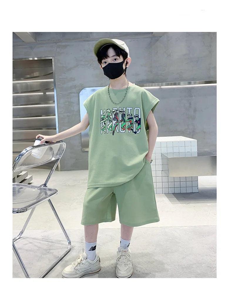 Summer Boys Cotton Sleeveless Cartoon T-Shirt Tops+Shorts Workout Sets School Kids 2PCS Tracksuit Children Jogging Outfit 5-16Yr