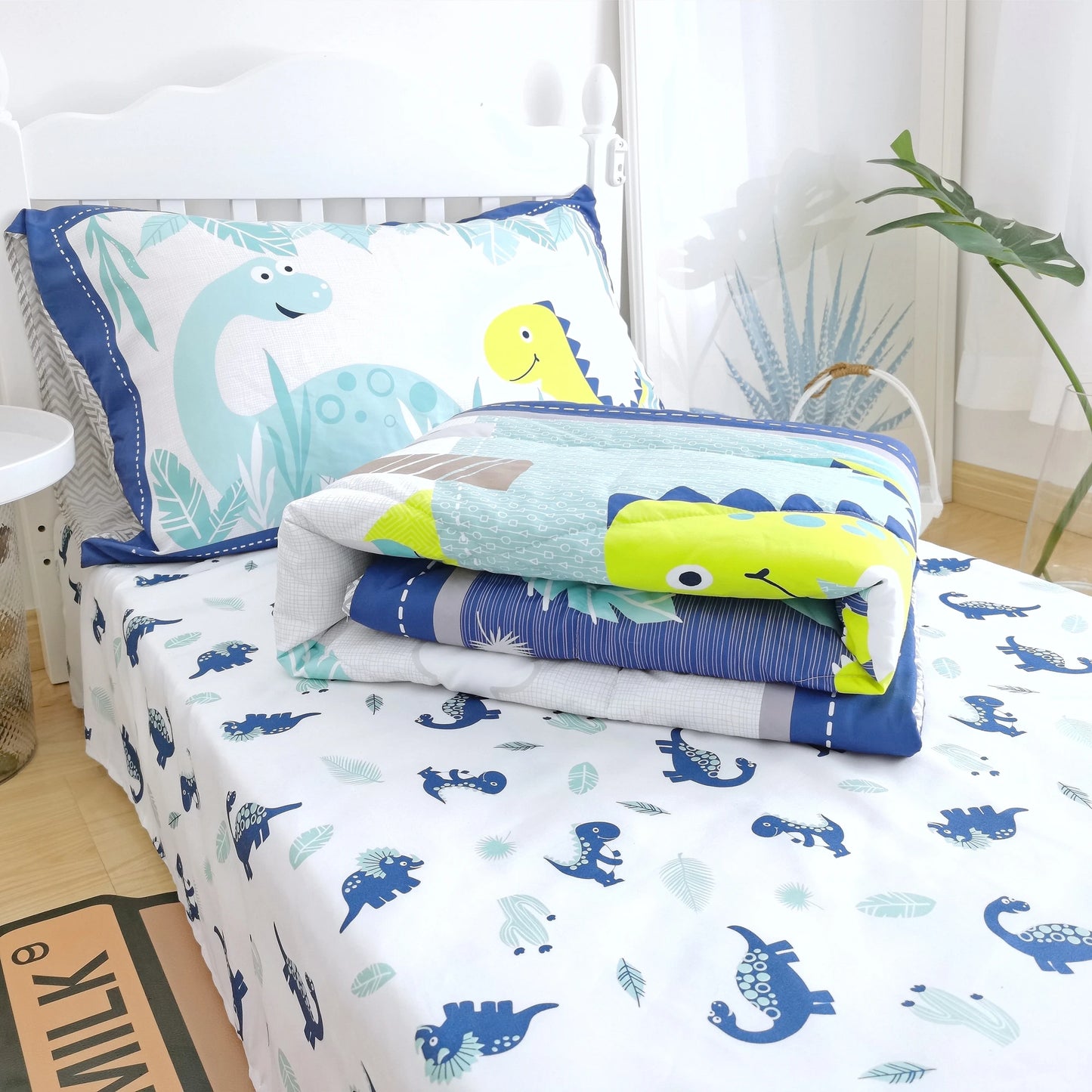 Toddler Comforter Set For Boys Girls Reversible Dinosaur Crib Bed Sets-Comforter, Fitted Sheet,Flat Sheet,Pillowcase