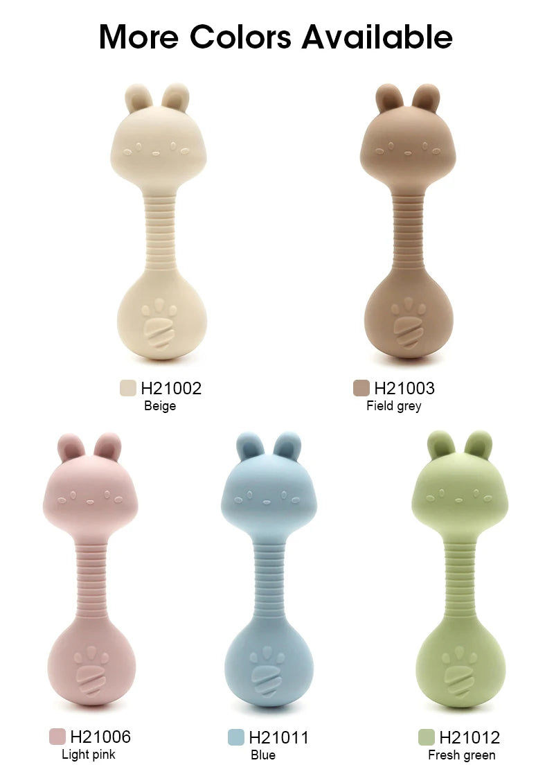 Food-Grade Baby Bunny Silicone Rattle Teether – Dumbbell Shape for Easy Grip, Handheld Toy for Infants
