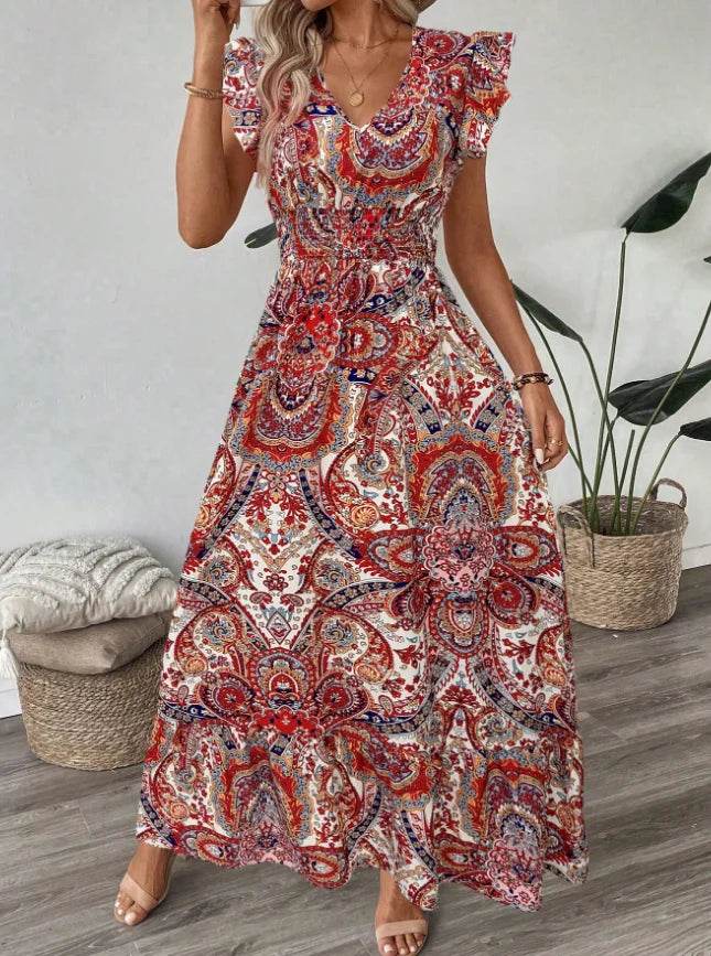 new dresses 2025 woman vestidos para mujer vintage dress Printed V-neck fashion dress Loose ruffle long dresses - AIAZ