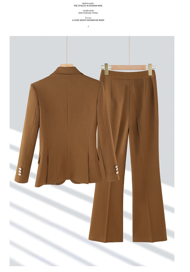 NAVIU High End Pant Suit Brown Solid Office Ladies Female Business Work Wear 2 Piece Set Formal Blazer Jacket And Trouser