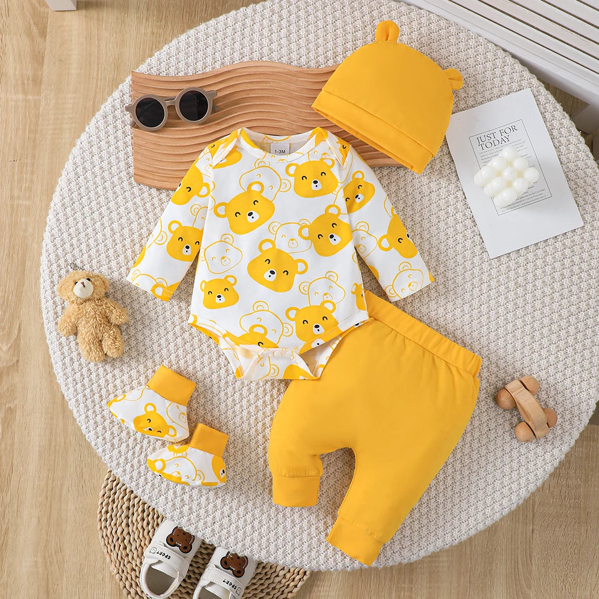 0-9 Months Baby Boy Set Little Bear Long Sleeve Bodysuit+Pants+Hat+Socks 4pcs/Set Baby Spring Autumn clothing Newborn set