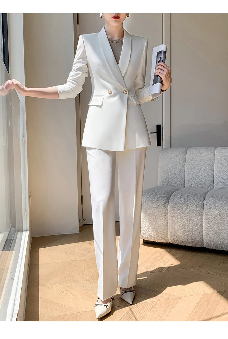 Solid White Suit Women 2025 New Spring Autumn Flares Pants High-Grade Slimming Business Clothing Sets Formal Suits Overalls
