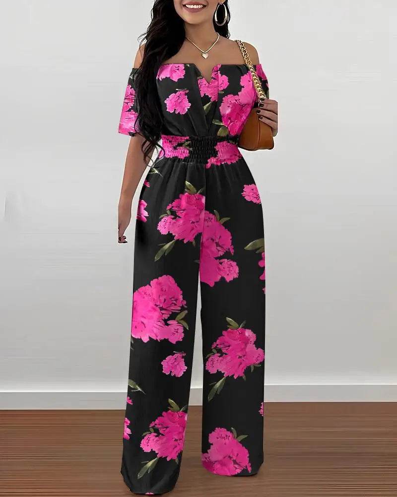Lady Print High Waist Jumpsuit Sexy Off Shoulder Short Sleeve Wide Leg Pants Jumpsuits Women Fashion Casual Summer Women Clothes - AIAZ