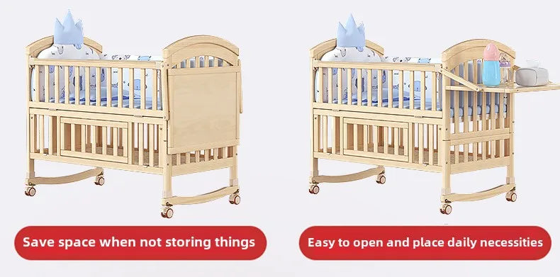 Crib Solid wood newborn baby cradle Multifunctional paint-free movable children's splicing bed air mattress 103 cm long