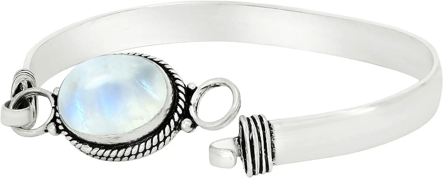 Vintage 925 Silver Natural Oval Moonstone Bangle Bracelets Handmade Birthstone Bangle Gifts Fine Jewelry for Women Men