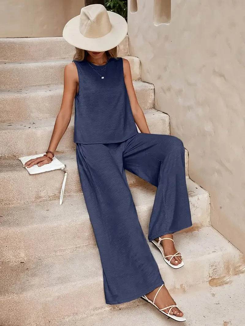 Women's Casual Set Solid Color Elegant Comfortable Round Neck Vest and Wide Leg Pants Two Piece Versatile Comfortable - AIAZ