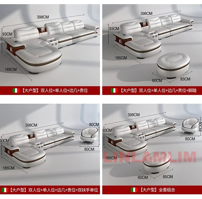 Modern L-Shaped Sectional Sofa with Chaise, Luxury Italian Genuine Leather Couch with adjustable headrest, Storage, USB, Console