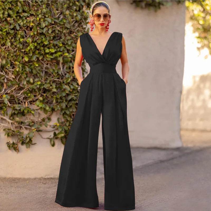 Jumpsuit Women Summer New Sleeveless Sexy Deep V-neck Solid Color High Waist Wide Leg Jumpsuits Elegant Commuting Lady Playsuits - AIAZ