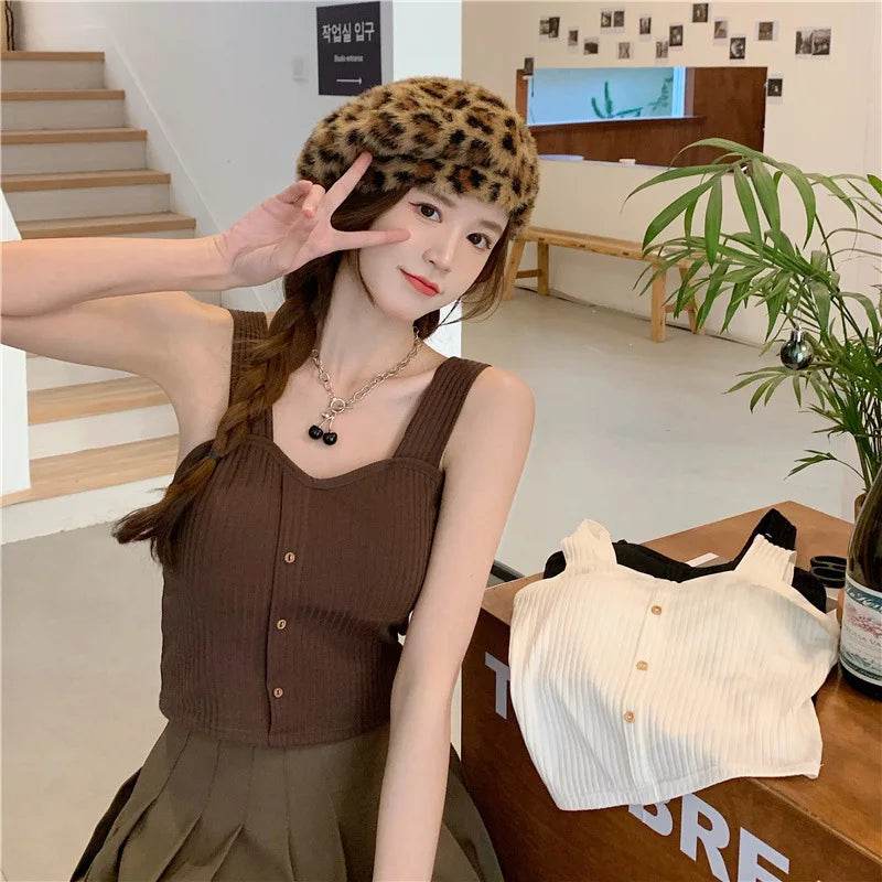 Women's Ribbed Tank Tops Y2K Cropped Tops with Bra Pads Knitted Button Down Suspenders Vest Sexy Camisole Female Short Tops - AIAZ