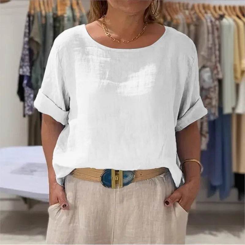 Women's Shirt Summer Fall New Solid Top Fashion Mid-sleeve O-neck Cotton Linen Button-up Casual Loose Shirts For Women Clothing - AIAZ