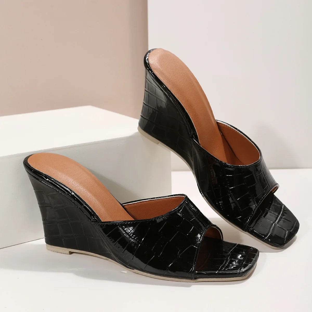 Snake Print Leather Wedges Shoes For Women Mules Slippers Summer Square Toe High Heels Gladiator Sandals Slides 2023 - AIAZ