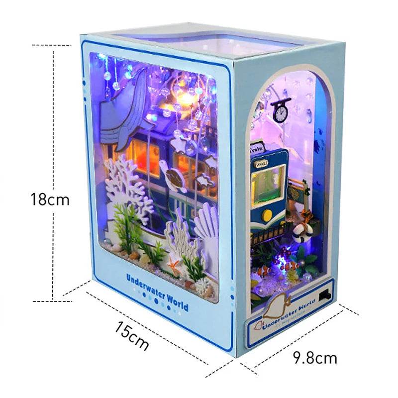 DIY Book Nook Shelf Insert Kit 3D Wooden Puzzle Doll House Assembly Building Model Bookends With Furniture LED Light Xmas Gifts - AIAZ