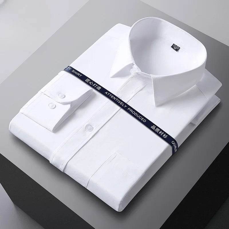 Men Formal Shirt Long Sleeve Office Solid Color Anti-Wrinkle Fashion Business Pocket White Social Pocket Shirts 5XL 6XL 7XL - AIAZ
