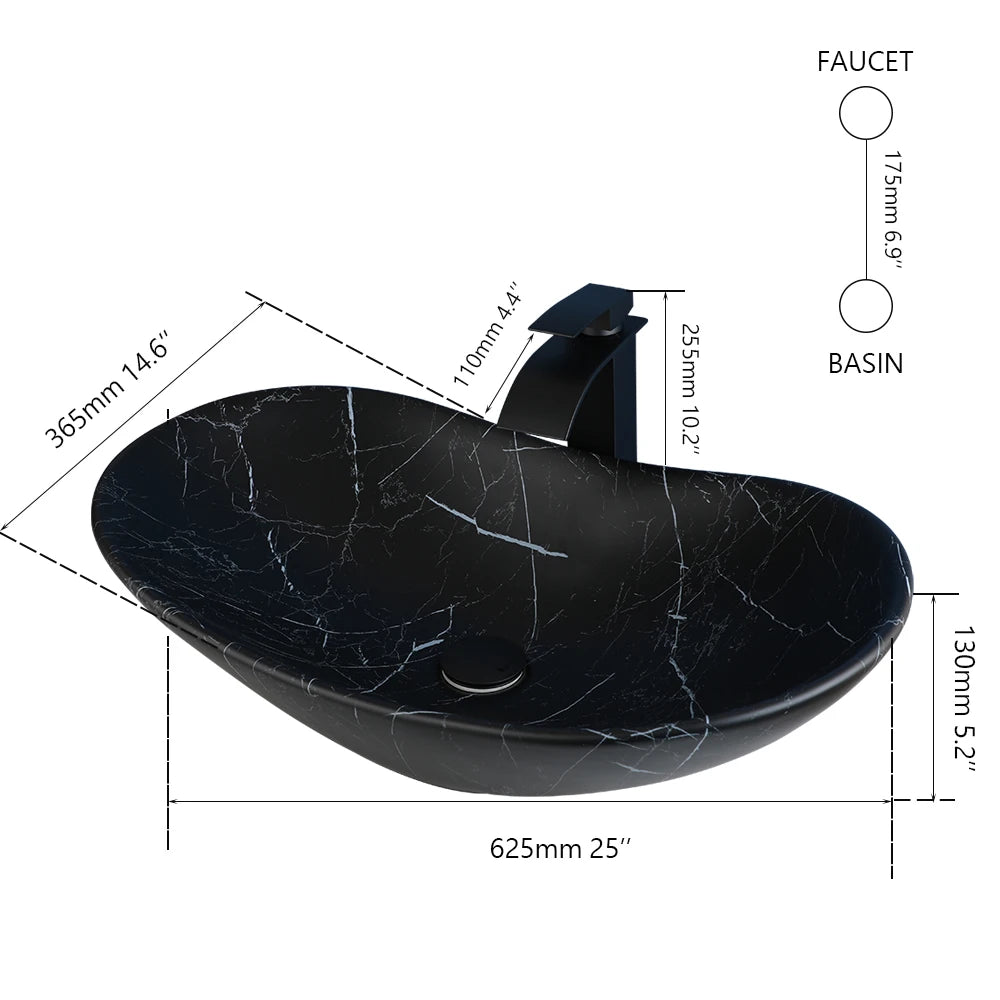 JIENI European Style Bathroom Sink Set Ceramic Washbasin Black Waterfall Faucet Pop Up Drain Combo Oval Counter Top Sinks