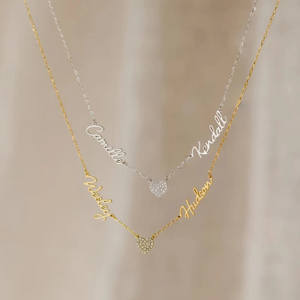 Haiyufly Custom Multiple Name Zircon Heart Necklace for Women Stainless Steel Jewelry Choker Chain Mother Kids Personalized Gift