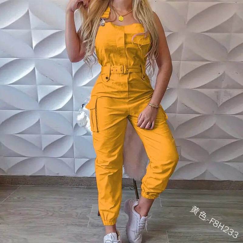 2025 Women's Casual Jumpsuits Cargo Playsuit Sleeveless O Neck Jumpsuit With Pocket and Belt Elegant Pencil Pants Loose Overalls - AIAZ
