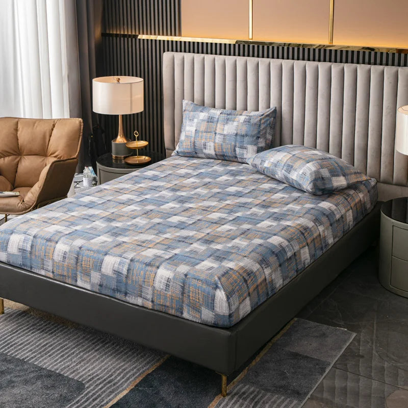 100% Polyester 3pcs Printed Sanding Fitted Sheet and pillowcases Set Elastic Band Around Mattress Cover King Size Bed Cover