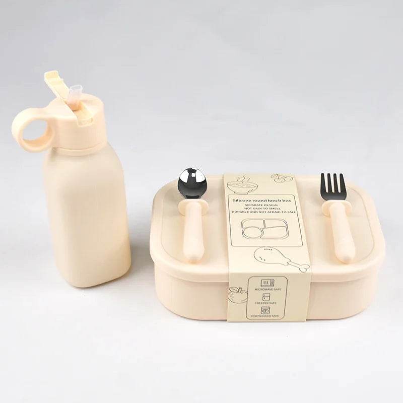 4PC/Set Silicone Bento Box Straw Water Bottle Leak-Proof Lunch Container Fork Spoon With Packaging Card BPA-Free Dishwasher Safe - AIAZ