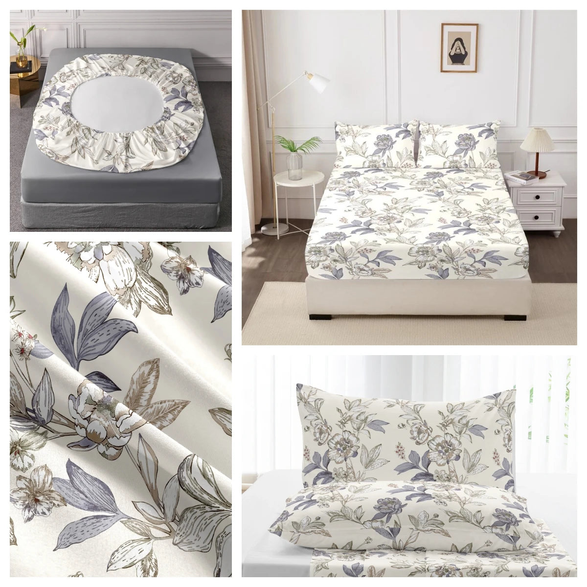100% Polyester 3pcs Printed Sanding Fitted Sheet and pillowcases Set Elastic Band Around Mattress Cover King Size Bed Cover