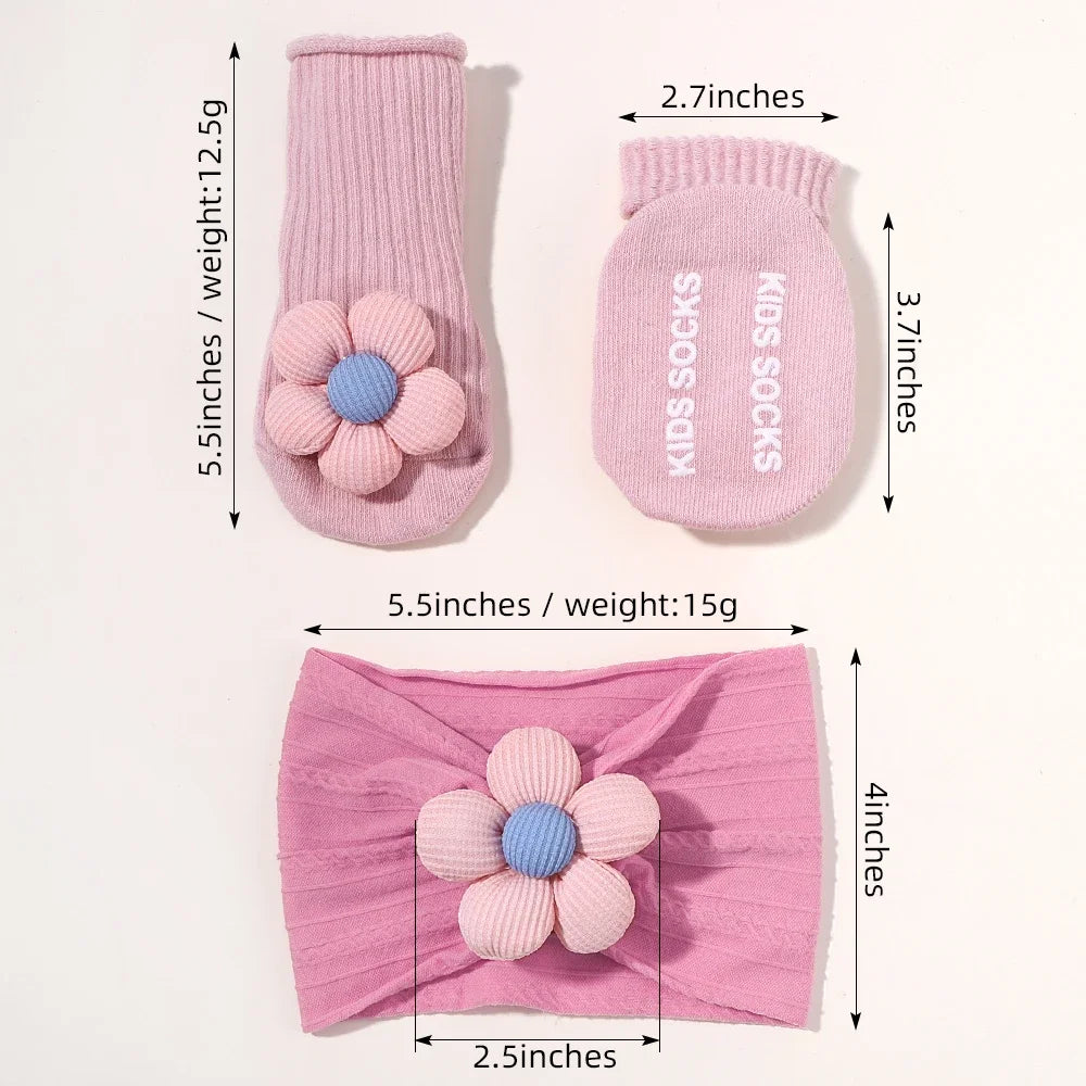 2Pcs Flower Baby Headband Socks Set Soft Nylon Hairband for Newborn Girl Elastic Floral Turban Short Sock Infant Headwear