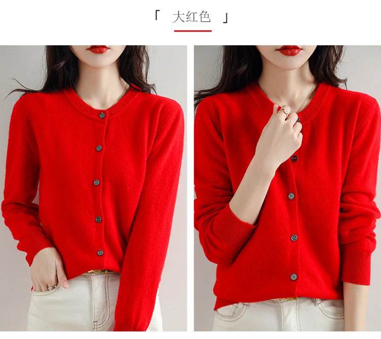Knitted Cardigan Women's Sweater Autumn And Winter 2022 New Solid Color Coat Round Neck Short Long Sleeve Loose Korean Fashion - AIAZ