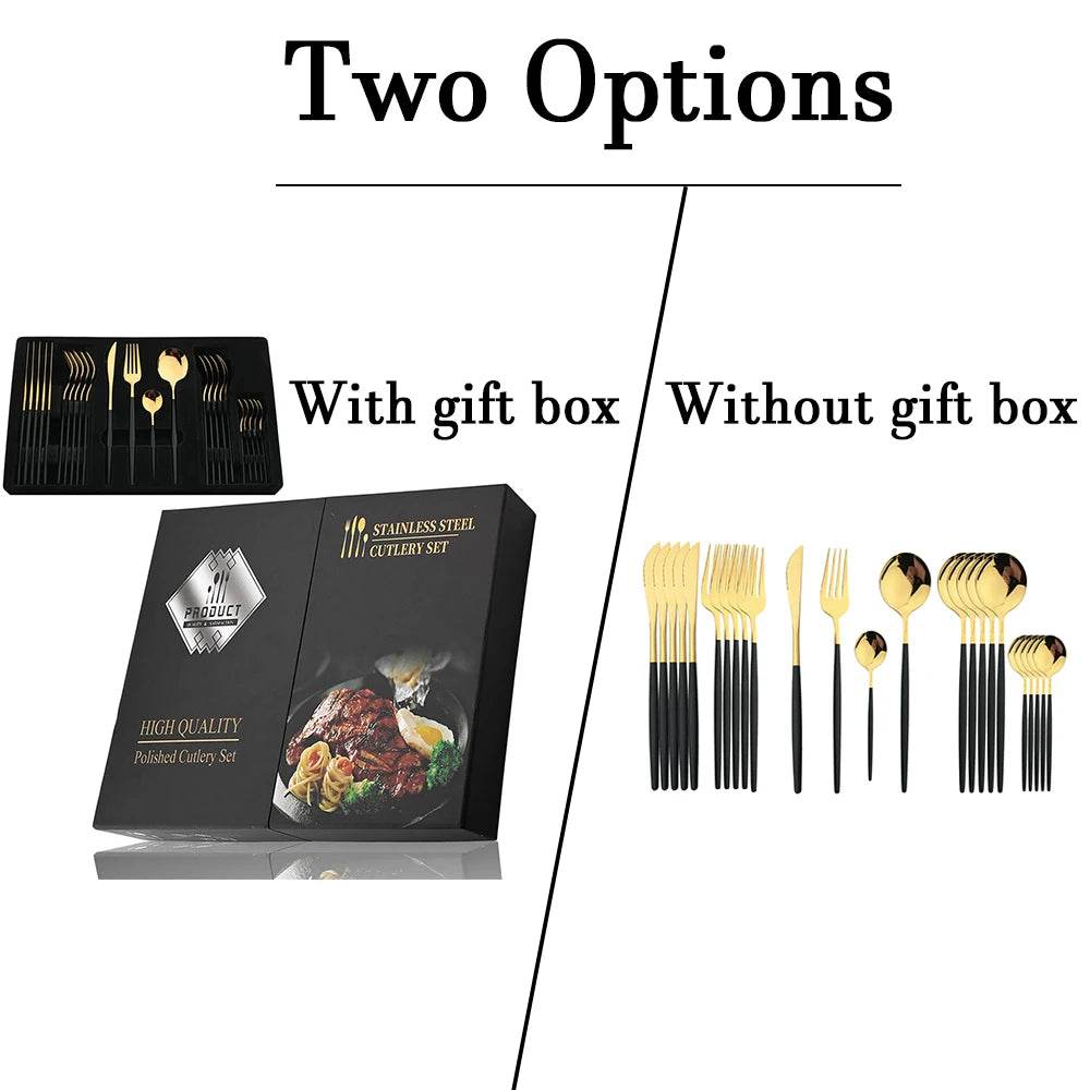 24Pcs Black Handle Golden Cutlery Set Stainless Steel Knife Fork Spoon Tableware Flatware Set Festival Kitchen Dinnerware Gift - AIAZ
