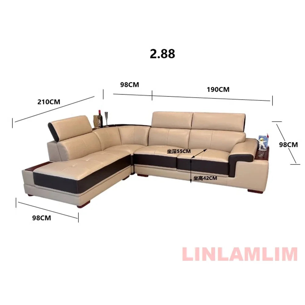 MINGDIBAO Modern Minimalist Genuine Leather Sectional Sofa with Console, Storage and Speaker Italian Leather Living Room Couch