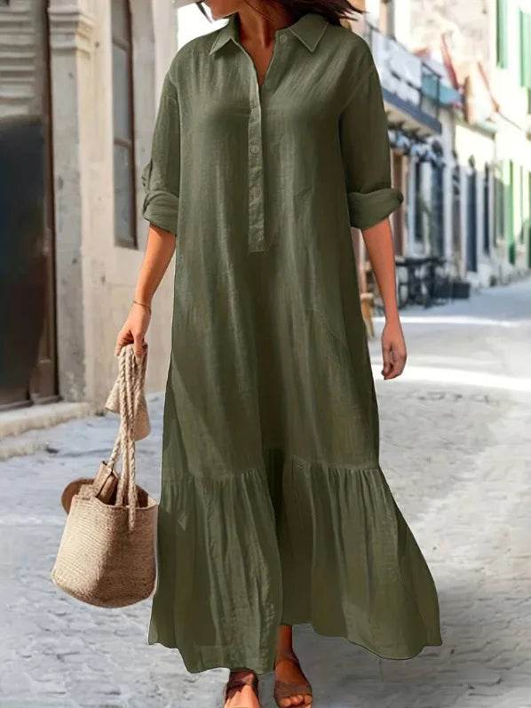 2025 Women's Linen Shirt Dress - Asymmetrical Hem Button Down Casual Dress - AIAZ