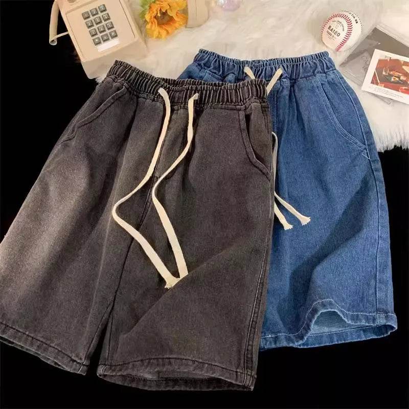 2025 Men's minimalist denim shorts with high-end washing technology from Europe and America, versatile basic five quarter pants - AIAZ