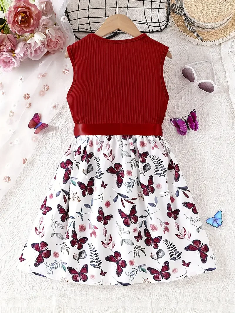 Girl Sweet butterfly print sewn sleeveless dress with bow belt, holiday/casual outing, summer gift