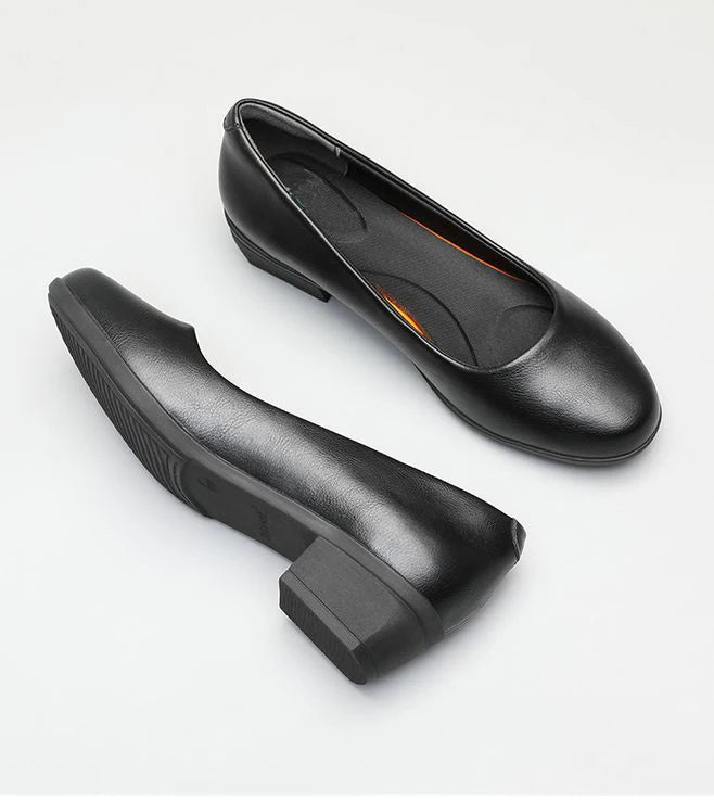 GKTINOO Black Leather Women's Work Shoes Pumps Thick Heels Round Head Shoes Soft Sole Professional Non-slip Hotel Work Shoes