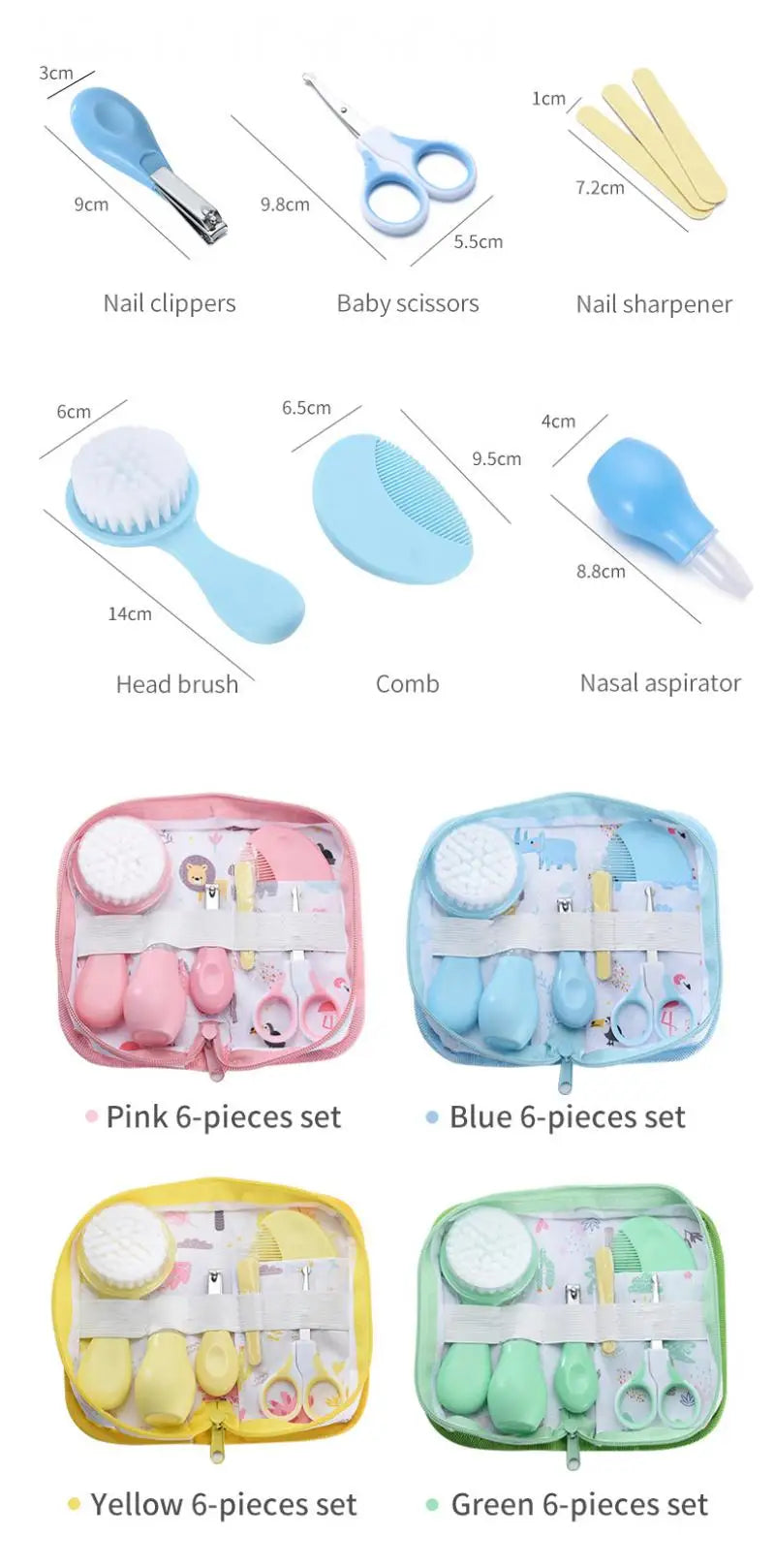 6Pcs/set Baby Care Kit Nasal Aspirator Nail Clipper Sharpener Daily Cleaning Supplies Care Head Brush Comb Scissors Tool Package