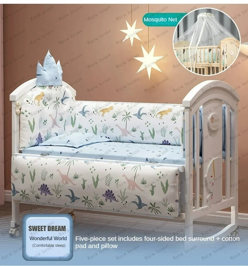 Solid wood spliced crib Multifunctional European style children's bed Movable newborn cradle large bed Baby Rest Chair