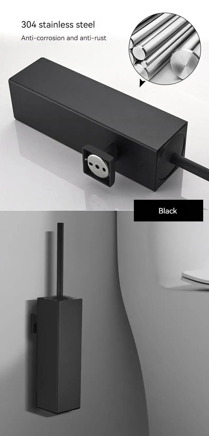 Square toilet brush, 304 stainless steel floor-mounted toilet brush, bathroom toilet punch odor-proof long tube wall-mounted