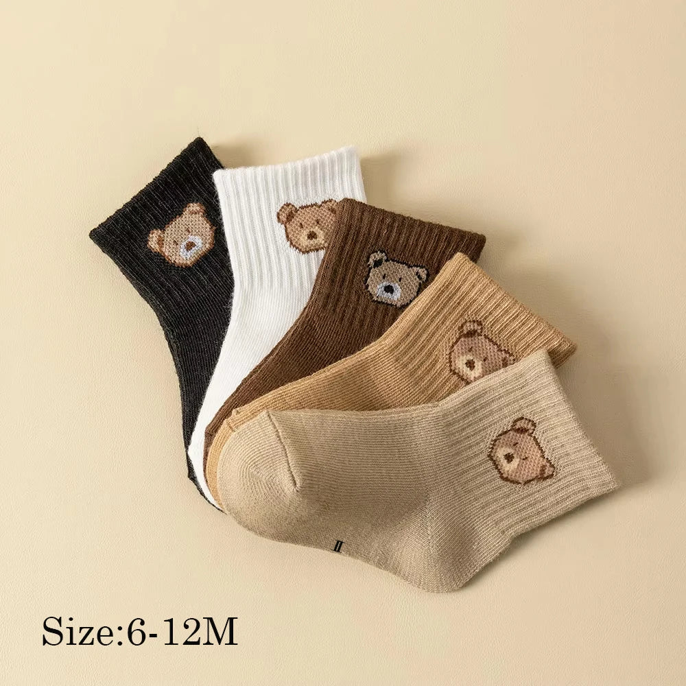 5 Pairs Baby Socks Toddler Soft Comfortable Breathable All-Season Cartoon Bear Pattern Kids Footwear