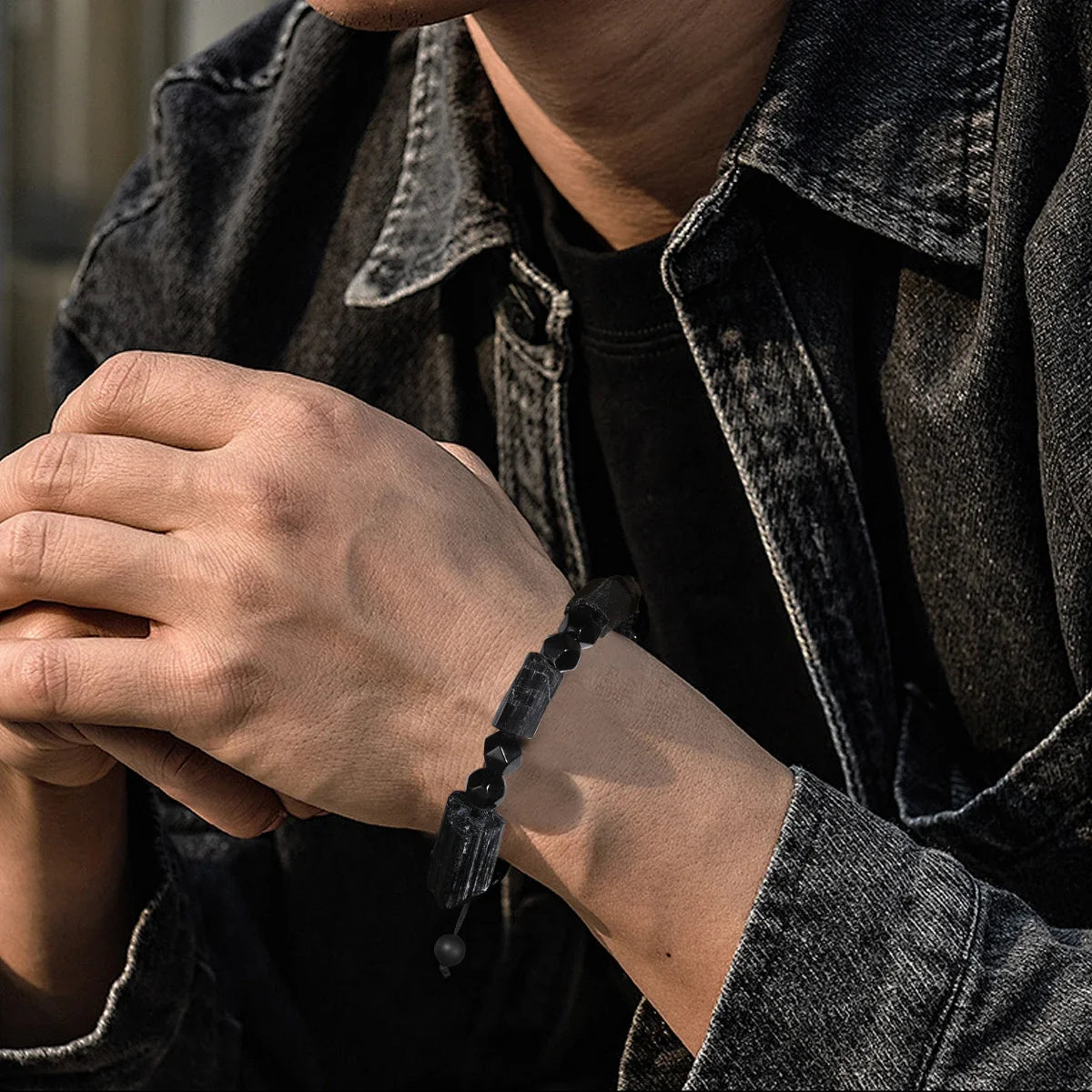 Classic Men's Braided Rope Bracelet Irregular Natural Stone Black Tourmaline Bracelet Balance Healing Energy Bracelet Jewelry