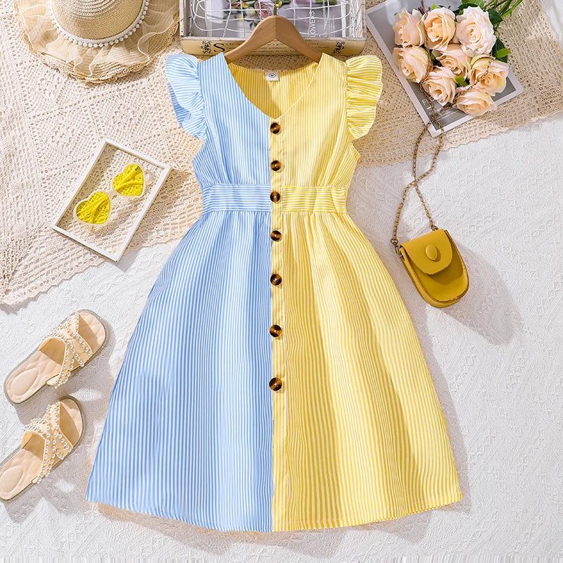 Girl Dress Summer New Light Blue Stripe Ruffled Sleeveless V-Neck Dress Elegant Cute Daily Casual Vacation Preppy Style Outifits