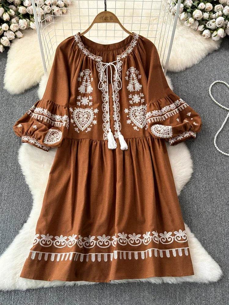 Women's Spring Summer Dress Bohemian Retro Ethnic Style Diamond Cotton Linen Blend Embroidered Lantern Sleeves Mini Dress A20 - AIAZ