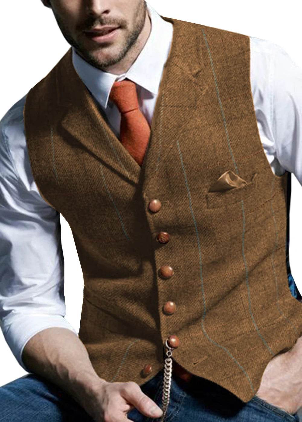 Men's Vests Tweed Suit Business Clothing for Men Striped Waistcoat Punk Vest Groomman Wedding Brwon Black Grey Jacket Bleazer - AIAZ