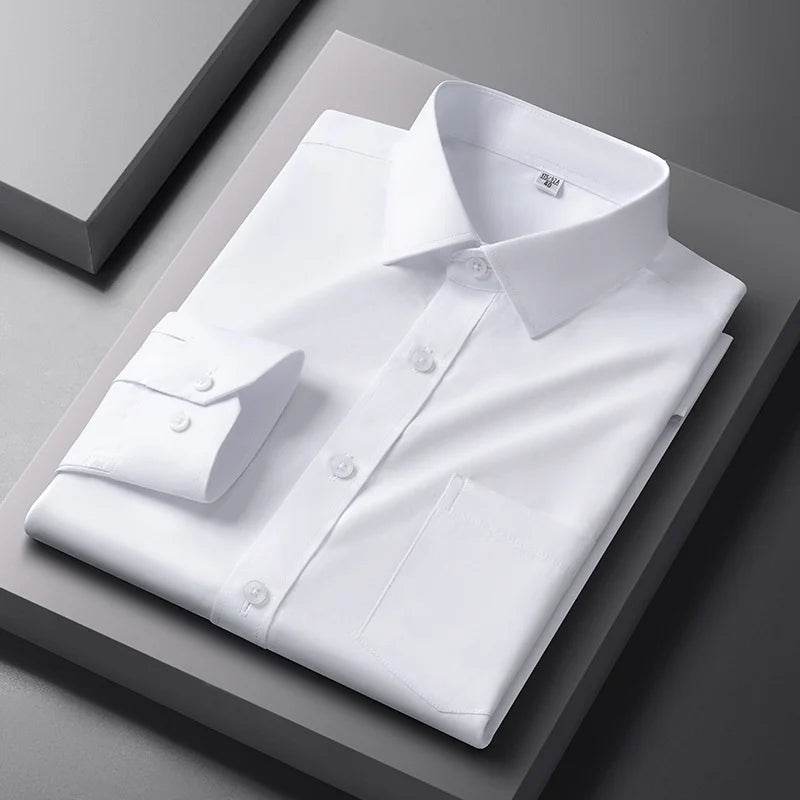 Men Formal Shirt Long Sleeve Office Solid Color Striped Anti-Wrinkle Fashion Business Pocket White Social Pocket Shirt S-4XL - AIAZ