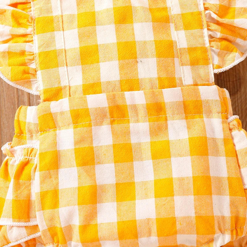 Newborn Baby Girl Bubble Cotton Plaid Flying Sleeve Climbing Suit With Buttocks+Headwear