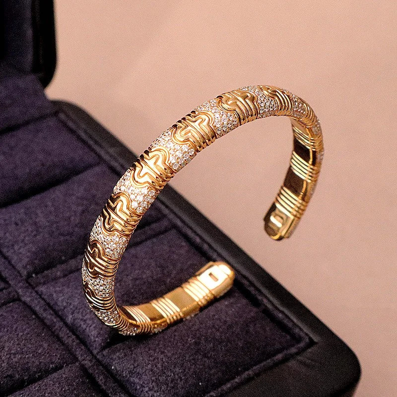 BELLUX Vintage Luxury Bracelet 925 Silver Gold Plated Full Diamond Distinctive Snake Open Bangle Unisex Jewelry