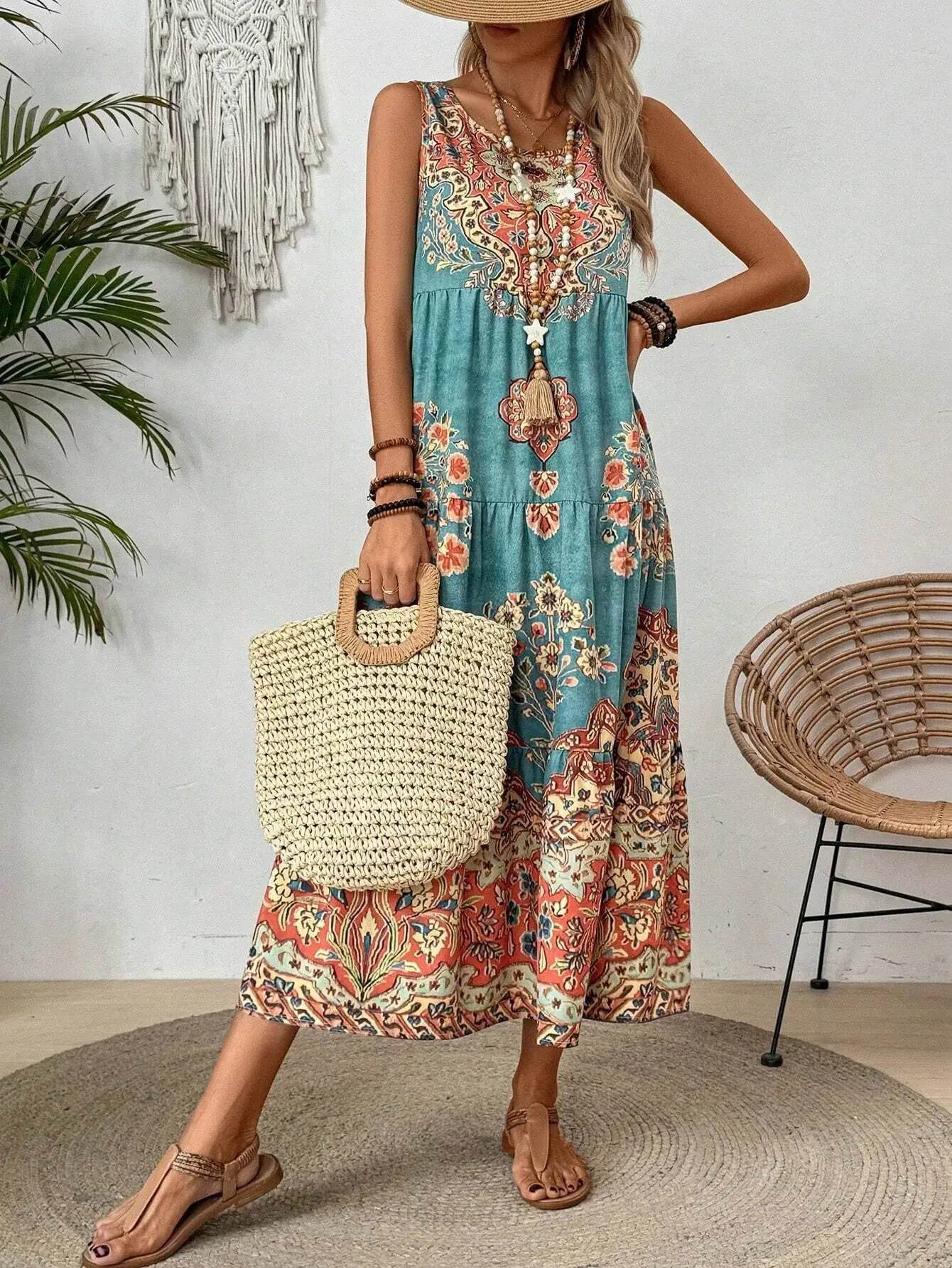 Women Vintage Print Sleeveless O-neck Vest Long Dresses 2025 Summer Fashion New Beach Vacation A-line Dress Woman Loose Dress - AIAZ