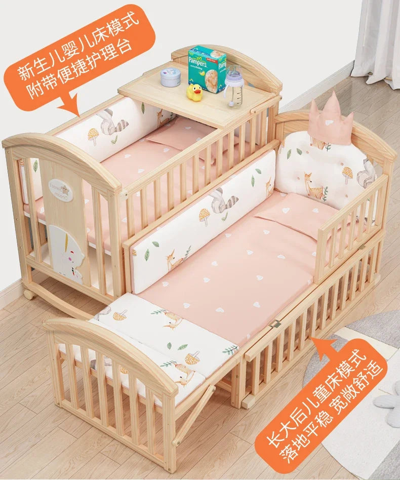 Baby Crib Multifunctional BB Baby Crib Solid Wood Unpainted Cradle Bed Movable Newborn Children Splicing Large Bed