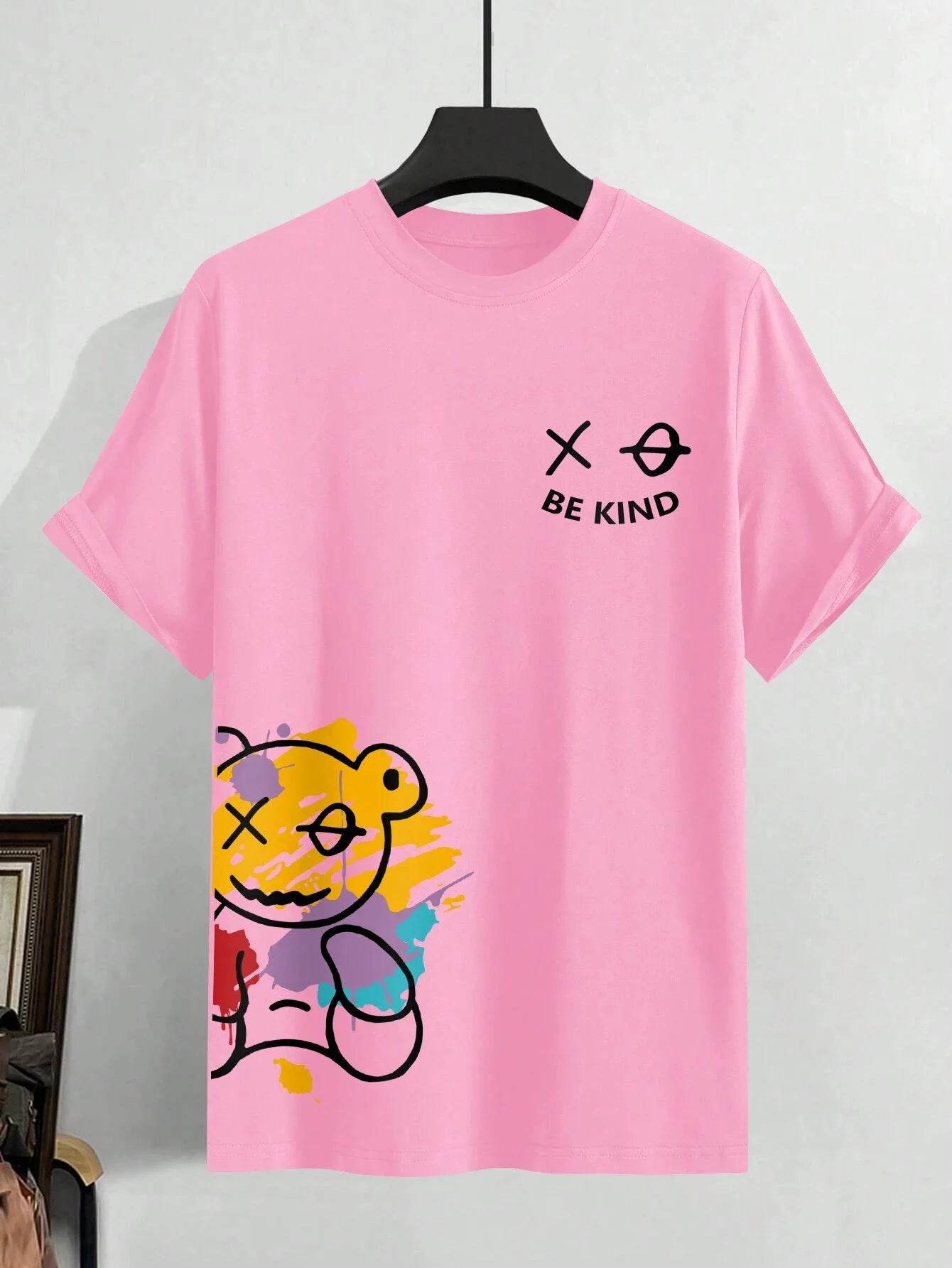 Men's 100% pure cotton summer loose size BE KIND letter cartoon print casual comfortable round neck short sleeved T-shirt top - AIAZ