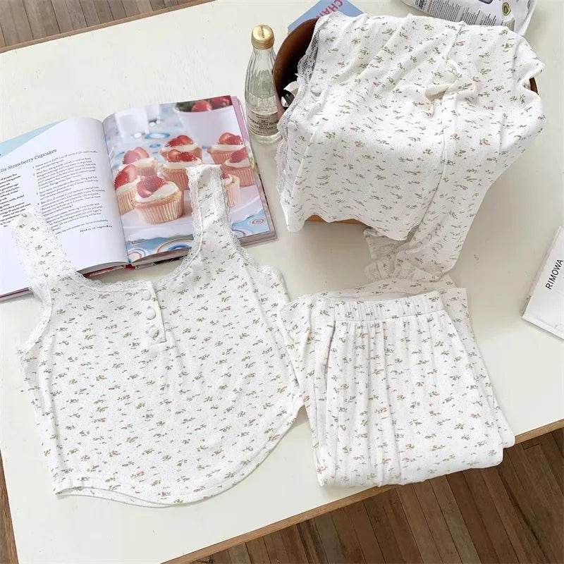 Three-Piece Pajama Set for Women Floral Lace Sweet Cardigan Camisole Homewear Long Sleeves Long Pants Fancy Underwear Ladies - AIAZ